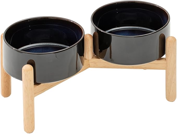 Havniva Ceramic 6.1inch Raised Dog Bowl with Stand for Small and Medium Breed Dog Dish Pet Food and Water Bowl (Double Bowl with Stand - Starry Sky, 28oz)