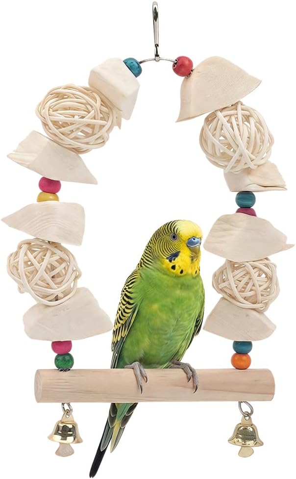 Natural Cuttlebone Bird Swing Toy with Wooden Perch & Wicker Balls – 2-in-1 Calcium Supplement & Chewing Station for Cockatiels, Budgies, Conures, Lovebirds – Safe Wood Beak Grinder Cage Accessory