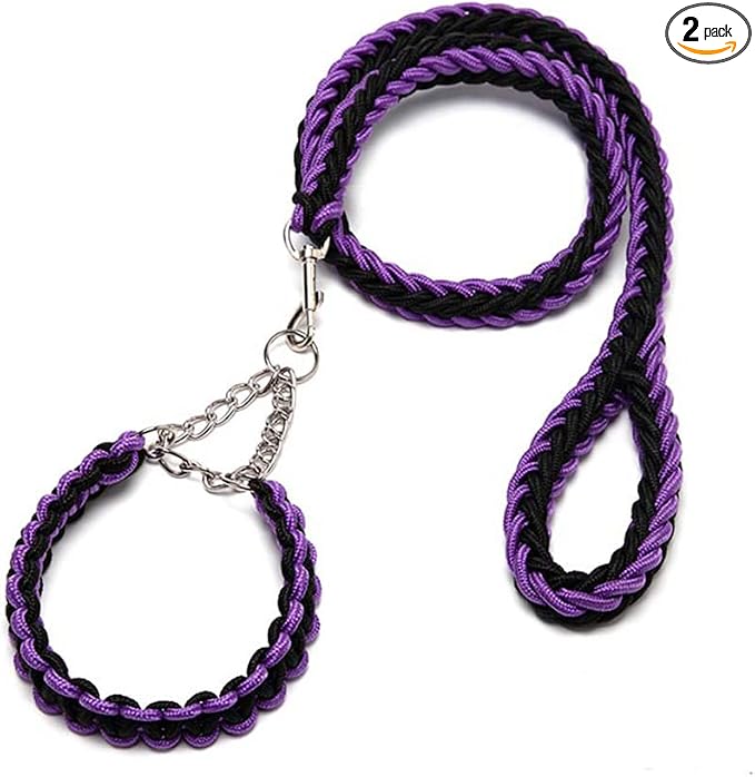 Love Dream Dog Collar and Leash Set, Heavy Duty Nylon Braided Rope Strong 4 FT Dog Leash and Martingale Training Collar for Small Medium Large Dogs Training and Walking (Black & Purple)