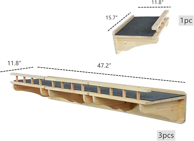SHENGOCASE Wall Mounted Cat Furniture Set, Natural Wood, 47.2 inch Balcony Perch with Guardrail, 4 Steps, 2 Houses with Cushions