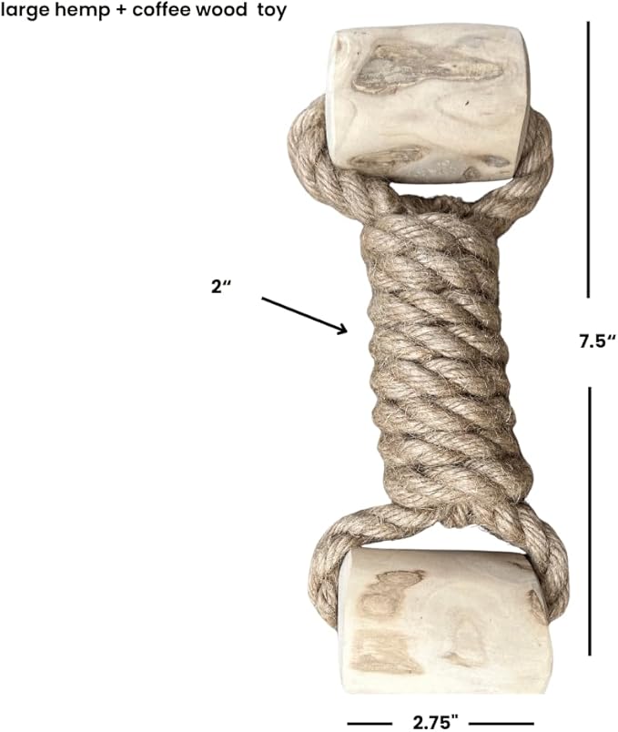 Coffee Wood Dog Toy - Eco-Friendly, Durable, Non-Toxic Hemp Rope Dog Toy - Tough Chew & Tug Toy for Moderate Chewers - Safe Outdoor & Indoor Play for Large Dogs, (1.5”x 9”x 2”)