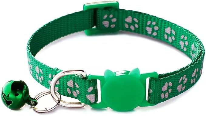 Cat Collar Breakaway Safety with Bell, Cute Reflective Paw Print Pattern (Green)