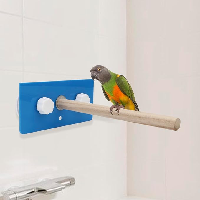 Hypeety Bird Parrot Stand Perch Shower Perch Standing Toy Portable Suction Cup Parrot Bath Stands Suppllies Holder Platform Parakeet Window Wall Hanging Play (2 Suction Cups Wood)