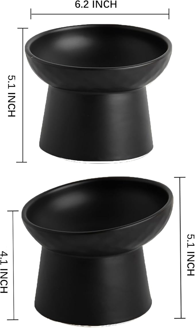 6 inch Small Ceramic Raised Cat Bowls, Tilted Elevated Food or Water Bowls, Stress Free, Backflow Prevention, Dishwasher and Microwave Safe, Lead & Cadmium Free(Black 6 inch-2pc)