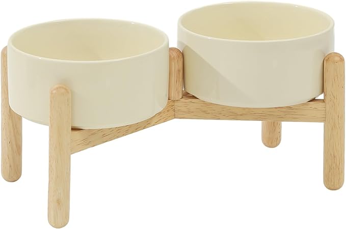 Havniva Ceramic 6.1inch Raised Dog Bowl with Stand for Small and Medium Breed Dog Dish Pet Food and Water Bowl (Double Bowl with Stand - Light Yellow, 28oz)