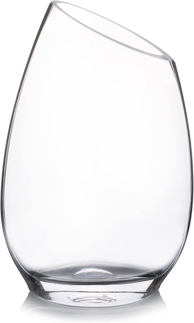 Unique Angled Rim Clear Glass Vase 6.0" W 10.0" H, Decorative Flower Vase for Home Decor Indoor, Wedding Centerpiece Event (1 Piece)