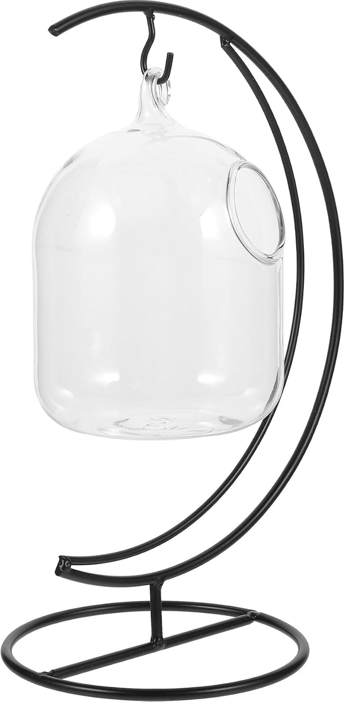 MERRYHAPY Hanging Glass Fish Bowl with Moon-Shaped Iron Stand, Small Aquarium Tank for Betta and Goldfish, Desktop Aquarium Decoration, 12cm