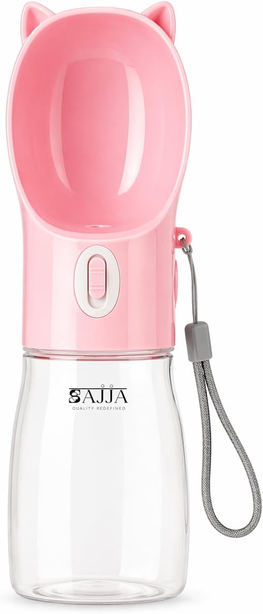 Dog Water Bottle Dispenser 380ml – Leak-Proof Lock, One-Hand Operation | Portable Pet Travel Water Bottle with Built-in Bowl | Pink