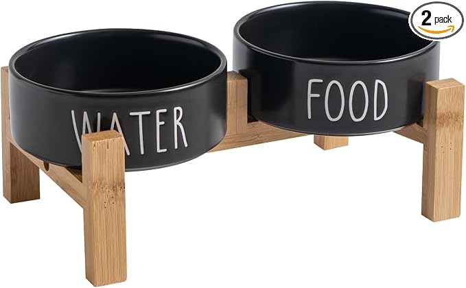 Elevated Ceramic Dog Bowls Set - Food & Water Lettering Raised Dog Bowl with Non-Slip Bamboo Stand for Cats and Small Dogs, Weighted Dogs Dishes Pet Bowls (5.1 inch, 2 * 16oz, Black)