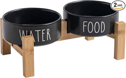 Elevated Ceramic Dog Bowls Set - Food & Water Lettering Raised Dog Bowl with Non-Slip Bamboo Stand for Cats and Small Dogs, Weighted Dogs Dishes Pet Bowls (5.1 inch, 2 * 16oz, Black)