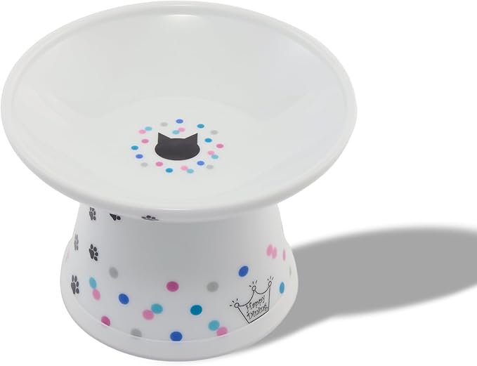 Necoichi Raised Cat Food Bowl Ceramic Elevated Cat Bowl for Whisker & Neck Fatigue, Dishwasher Microwave Safe Non-Slip & Anti Vomiting Ergonomic Design (Colorful Dots, Extra Wide, 2-Cups Capacity)