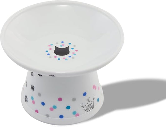 Necoichi Raised Cat Food Bowl Ceramic Elevated Cat Bowl for Whisker & Neck Fatigue, Dishwasher Microwave Safe Non-Slip & Anti Vomiting Ergonomic Design (Colorful Dots, Extra Wide, 2-Cups Capacity)