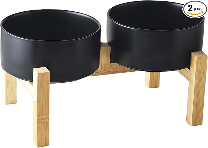 Raised Ceramic Dog Bowl Set - Elevated Dog Bowls with Non Slip Bamboo Stand, Food and Water Bowl Set for Small and Medium Breed Dogs, Pet Bowls, Weighted Dogs Dishes (6'', 2 * 30OZ, Black)