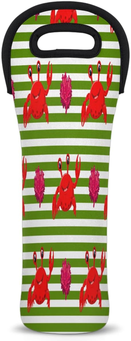 Red Crabs Stripes Wine Bag Single Bottle Wine Tote Bag Neoprene Wine Carrier Bags with Carry Handle Portable Wine Bottle Holder for Travel Party Picnic
