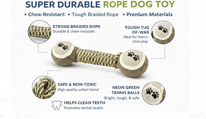 Interactive Rope Dog Chew Toy with Tennis Balls – Durable Cotton Tug & Fetch Toy for Puppies and Small to Large Dogs