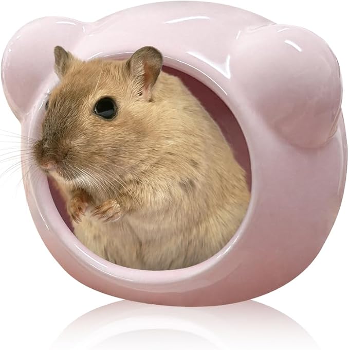 Ceramic Hamster House, Cute Animal Shaped Hamster Cave, Summer Cool Small Animal Hideout Habitat Decor for Dwarf Hamsters (Pink)