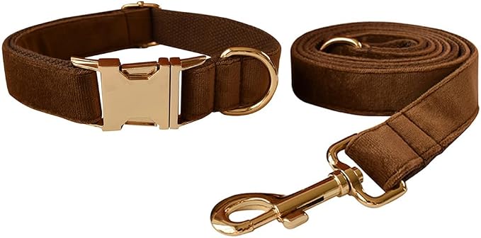 Love Dream Velvet Dog Collar and Leash Set, Soft & Comfy Adjustable Dog Leash and Collar with Heavy Duty Metal Buckle for Small Medium Large Dogs Training & Walking (XLarge, Coffee)