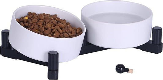 Elevated Ceramic Dog Bowls for Small Dogs, Raised Dog Bowl Set with Adjustable Wood Stand, Non-Slip Pet Feeding Station, Food & Water Bowls for Cats & Small Dogs 13.5oz (White)