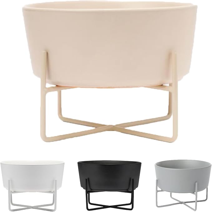 Waggo Simple Solid Dog Bowl and Dog Bowl Stand - Single Iron Stand with Single Ceramic Feeder or Water Bowl (Matte Buttercream, Large)