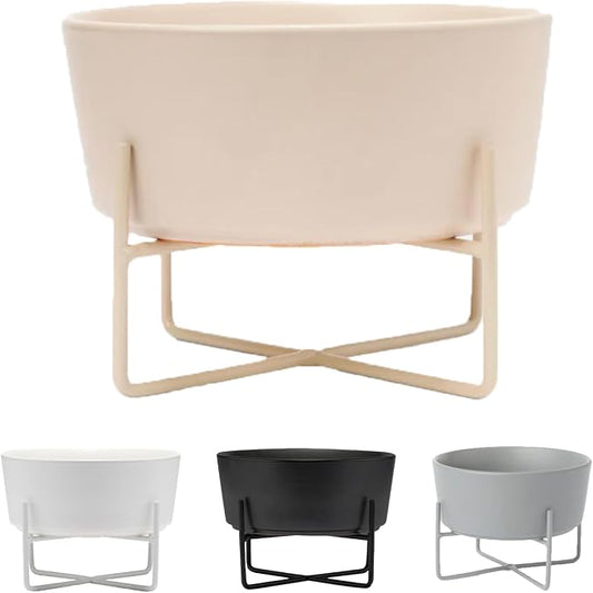 Waggo Simple Solid Dog Bowl and Dog Bowl Stand - Single Iron Stand with Single Ceramic Feeder or Water Bowl (Matte Buttercream, Small)