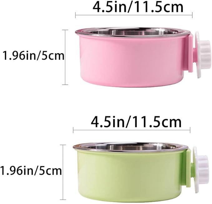 Crate Dog Bowl,Removable Stainless Steel Water Food Feeder Bowls Crate Coop Cup,Pet Cage Bowls with Bolt Holder for Cat, Puppy, Birds, Rats, Rabbits Small Animals ((Green+Pink) Round, Samll)