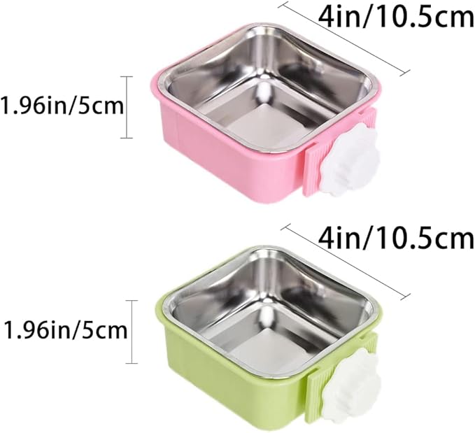 Crate Dog Bowl,Removable Stainless Steel Water Food Feeder Bowls Crate Coop Cup,Pet Cage Bowls with Bolt Holder for Cat, Puppy, Birds, Rats, Rabbits Small Animals ((Green+Pink) Square, Samll)