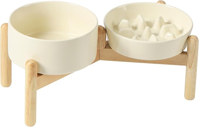 Havniva Ceramic 0.9 Cup Raised Slow Feeder Dog Bowl Set, Elevated 6.1inch Slow Dish and 6.1inch Water Bowl with Wooden Stand for Small Dogs (2 x Light Yellow+ Stand)