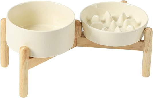 Havniva Ceramic 0.9 Cup Raised Slow Feeder Dog Bowl Set, Elevated 6.1inch Slow Dish and 6.1inch Water Bowl with Wooden Stand for Small Dogs (2 x Light Yellow+ Stand)