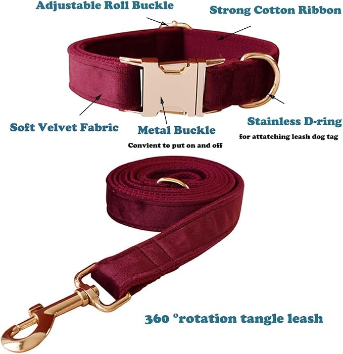Love Dream Velvet Dog Collar and Leash Set, Soft & Comfy Adjustable Dog Leash and Collar with Heavy Duty Metal Buckle for Small Medium Large Dogs Training & Walking (Large, Wine Red)
