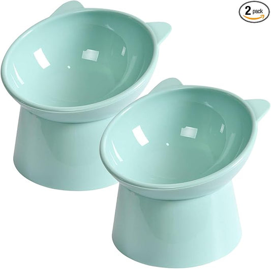 Tilted Elevated Cat Food Bowl - Cat Bowls Whisker Friendly Anti Vomiting Slanted Feeding Bowls Cute Shallow Bowl (2pcs/Green)