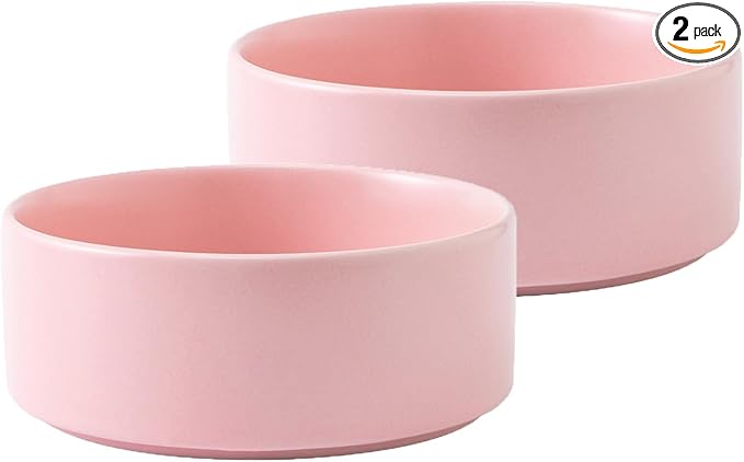 Ceramic Set of 2 Dog and Cat Bowls - Classic Food & Water Bowl for Kitty, Cats and Toy Breed Dogs, Weighted Dog Dishes, Food Grade Pet Bowl, Dishwasher & Microwave Safe (5.1'', 2*16OZ, Pink)