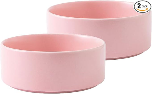 Ceramic Set of 2 Dog and Cat Bowls - Classic Food & Water Bowl for Kitty, Cats and Toy Breed Dogs, Weighted Dog Dishes, Food Grade Pet Bowl, Dishwasher & Microwave Safe (5.1'', 2*16OZ, Pink)