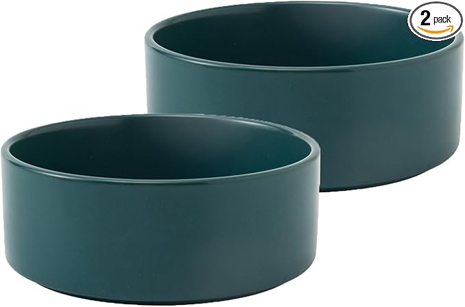 Ceramic Set of 2 Dog and Cat Bowls - Classic Food & Water Bowl for Kitty, Cats and Toy Breed Dogs, Weighted Dog Dishes, Food Grade Pet Bowl, Dishwasher & Microwave Safe (5.1'', 2*16OZ, Green)