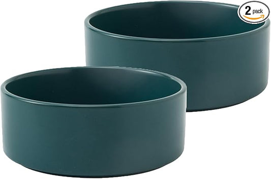 Ceramic Set of 2 Dog and Cat Bowls - Classic Food & Water Bowl for Kitty, Cats and Toy Breed Dogs, Weighted Dog Dishes, Food Grade Pet Bowl, Dishwasher & Microwave Safe (5.1'', 2*16OZ, Green)