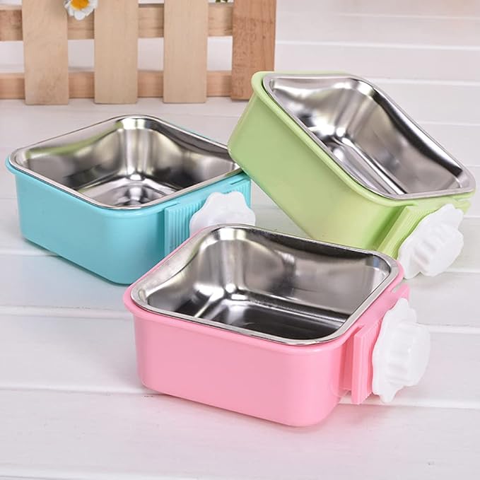 Crate Dog Bowl,Removable Stainless Steel Water Food Feeder Bowls Crate Coop Cup,Pet Cage Bowls with Bolt Holder for Cat, Puppy, Birds, Rats, Rabbits Small Animals ((Blue+Pink) Square, Samll)