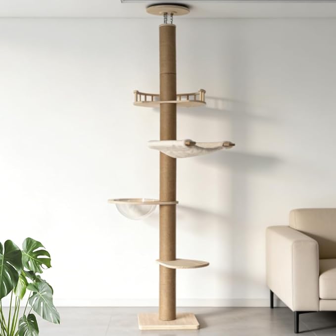 Floor to Ceiling Cat Trees for Kittens＆Large Cats with Natural Rope, Tall Cat Tree to Ceiling,Adjustable Height 82-112 Inches, DIY Wooden Tower Condo, Tall Cat Activity Tree(Deluxe Style 2)