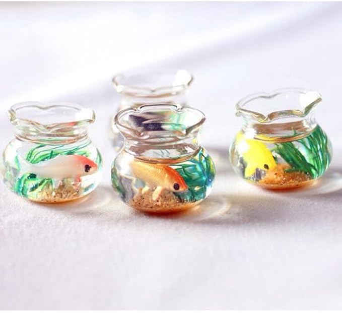 2Pcs Miniature Fish Tank Toy Mini Round Fish Bowls Resin Goldfish Grass for Dollhouse Desktop Craft Project Decor,Mini Fish Bowl,Dollhouse Accessories,Dollhouses Décor