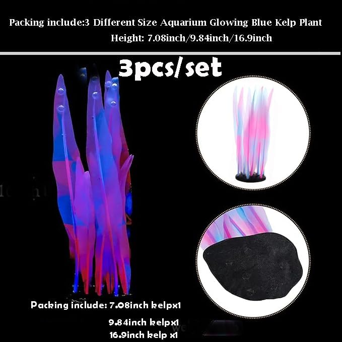 3Pcs Soft Silicone Aquarium Plants Set Glowing Kelp Fish Tank Plants Decor Artificial Pink Aquarium Plant Simulation Artificial Water Grass for Fish Tank,7.08in9.84in16.9in