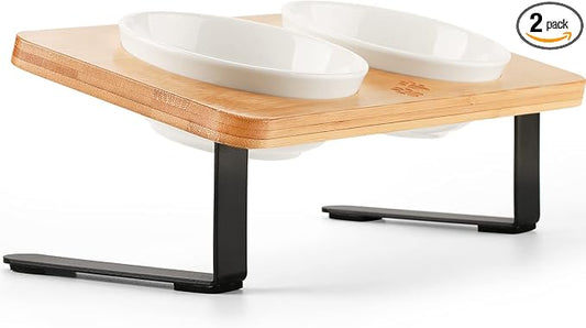 Ceramic Elevated Cat Bowls with 10° Tilted, Anti Vomiting & Whisker Friendly Food and Water Bowls with Bamboo Stand(Anti-Slip Feet), Raised Cat Food Bowls for Indoor Cats & Puppies, Dishwasher Safe