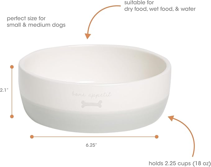 Pearhead Ceramic Bone Appétit Dog Bowl, Stoneware Food and Water Dish, Grey and White Pet Feeder, Small/Medium 2.25 Cups/ 18 oz