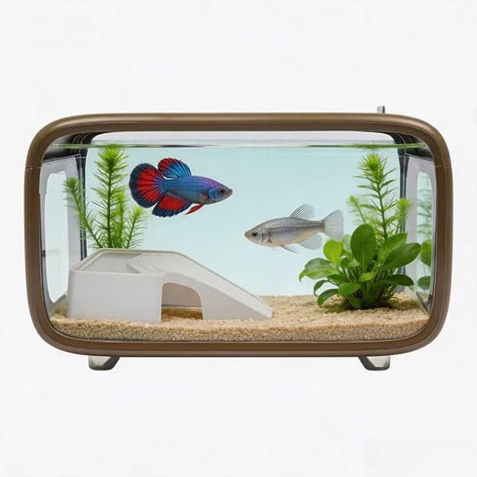 Desktop Fish Tank, 3.2Gal Small Betta Fish & Turtle Tanks, Aquarium Bowl with Detachable Basking Platform, Multi-Functional Areas Aquascape Tanks for Fish Terrapin Frog Shrimp Crab (Brown)