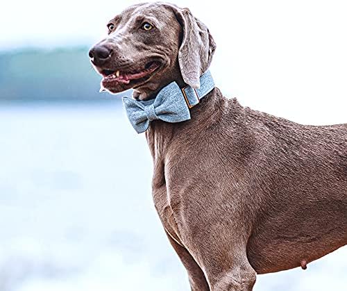 DOGWONG Hemp Cotton Dog Collar with Bow, Blue Pet Collar Durable Adjustable Puppy Collar for Large Dogs