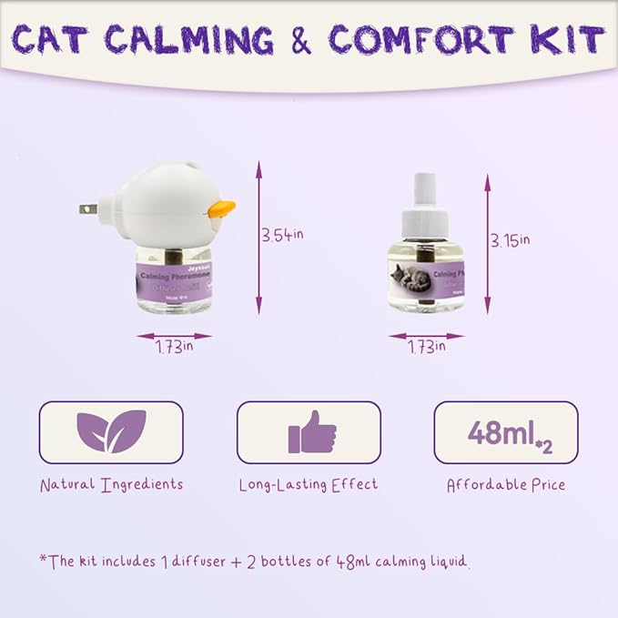 Cat Calming Pheromone Diffuser Kit, Cat Pheromones Calming Diffuser with 2 Refills, Calming Cat Diffuser for Anxiety Relief, for Home Noise, Alone Anxiety & Groom Stress, 30 Days Per Vial