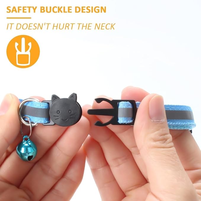 MJIYA Reflective Cat Collar with Bell, Breakaway Grid Collar with Plastic Buckle, Girl Boy Pet Kitty Collars Adjustable 7.5-12.5 Inch (Light Blue)