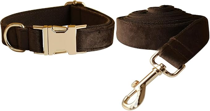 Love Dream Velvet Dog Collar and Leash Set, Soft & Comfy Adjustable Dog Leash and Collar with Heavy Duty Metal Buckle for Small Medium Large Dogs Training & Walking (Large, Brown)