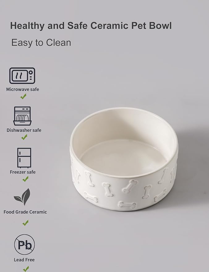 UBEE Ceramic Dog Bowl Set of 2, 5.1 inch Dog Food Bowl, Pet Food Water Dish Feeding for Small Dogs and Large Cat, Bone Pattern, 5.1 in-Small, White