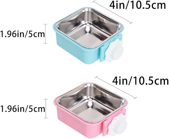 Crate Dog Bowl,Removable Stainless Steel Water Food Feeder Bowls Crate Coop Cup,Pet Cage Bowls with Bolt Holder for Cat, Puppy, Birds, Rats, Rabbits Small Animals ((Blue+Pink) Square, Samll)
