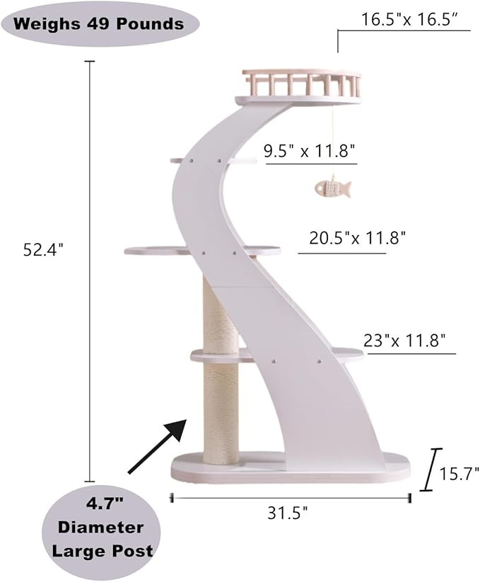 SHENGOCASE Modern Stylish 52.4 inches Tall Wooden Cat Tree Tower, Aesthetic Cat Condo Ladder with 5-Level Big Perch Platform Bed for Window Viewing Watching Large Cat Maine Coon