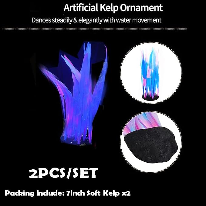 2Pcs Soft Silicone Aquarium Plants Glowing Kelp Fish Tank Plants Decor Artificial Aquarium Plant Decoration Simulation Artificial Water Grass for Fish Tank,Blue,7inch