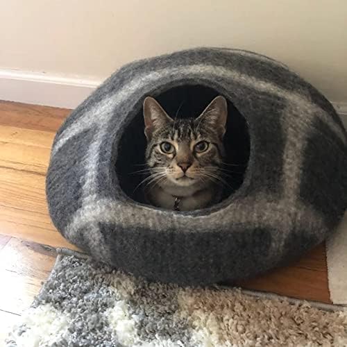 Woolygon Premium Felt Cat Cave Bed – Wool Kitty Beds Handcrafted Kitten Caves Bed for Indoor Cats - Made from Merino Wool, Foldable Cat Hideaway Covered Cat House Pod (Hide & Seek)